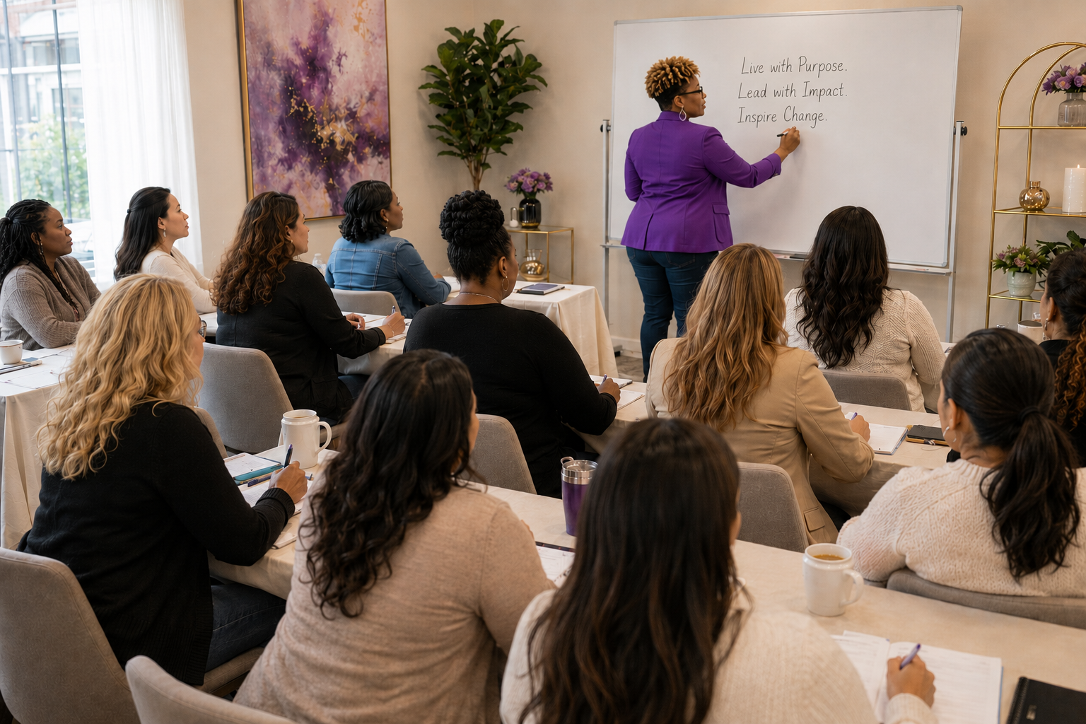 Shalanda Hearne leading a Sevenfold Society workshop and writing on a whiteboard during a group session.