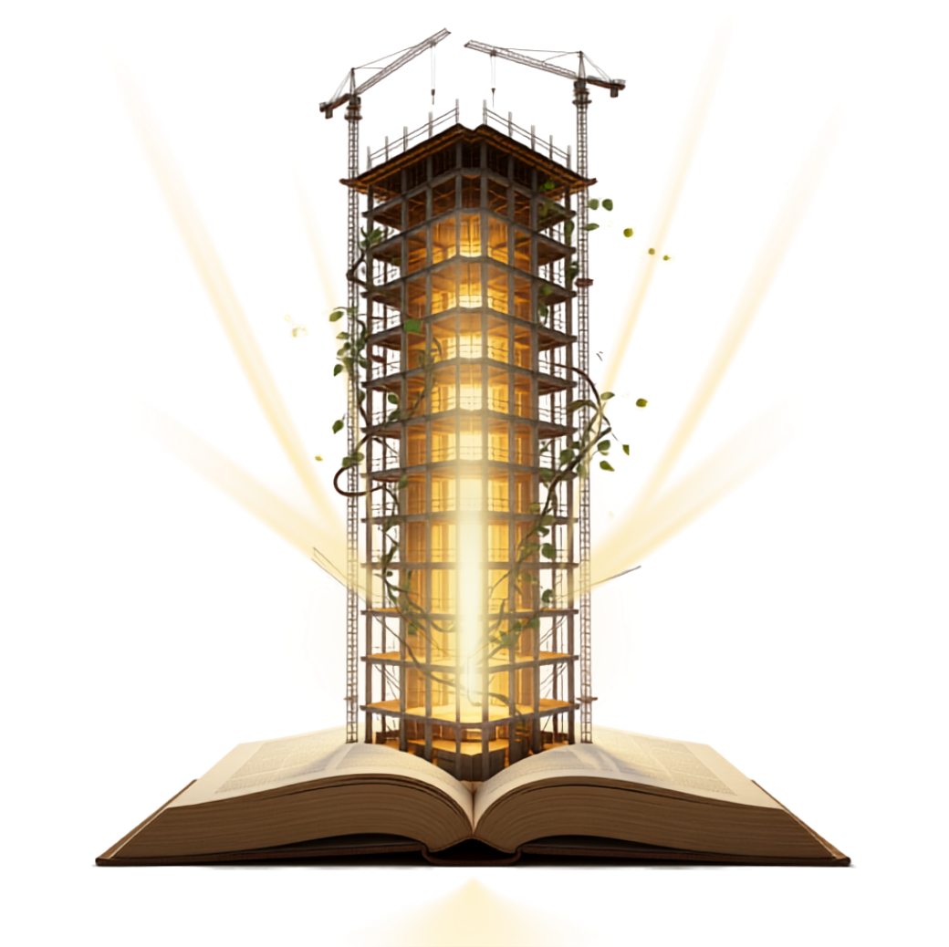 Open book with a glowing, three-dimensional construction site or building emerging from its pages, surrounded by luminous abstract shapes.