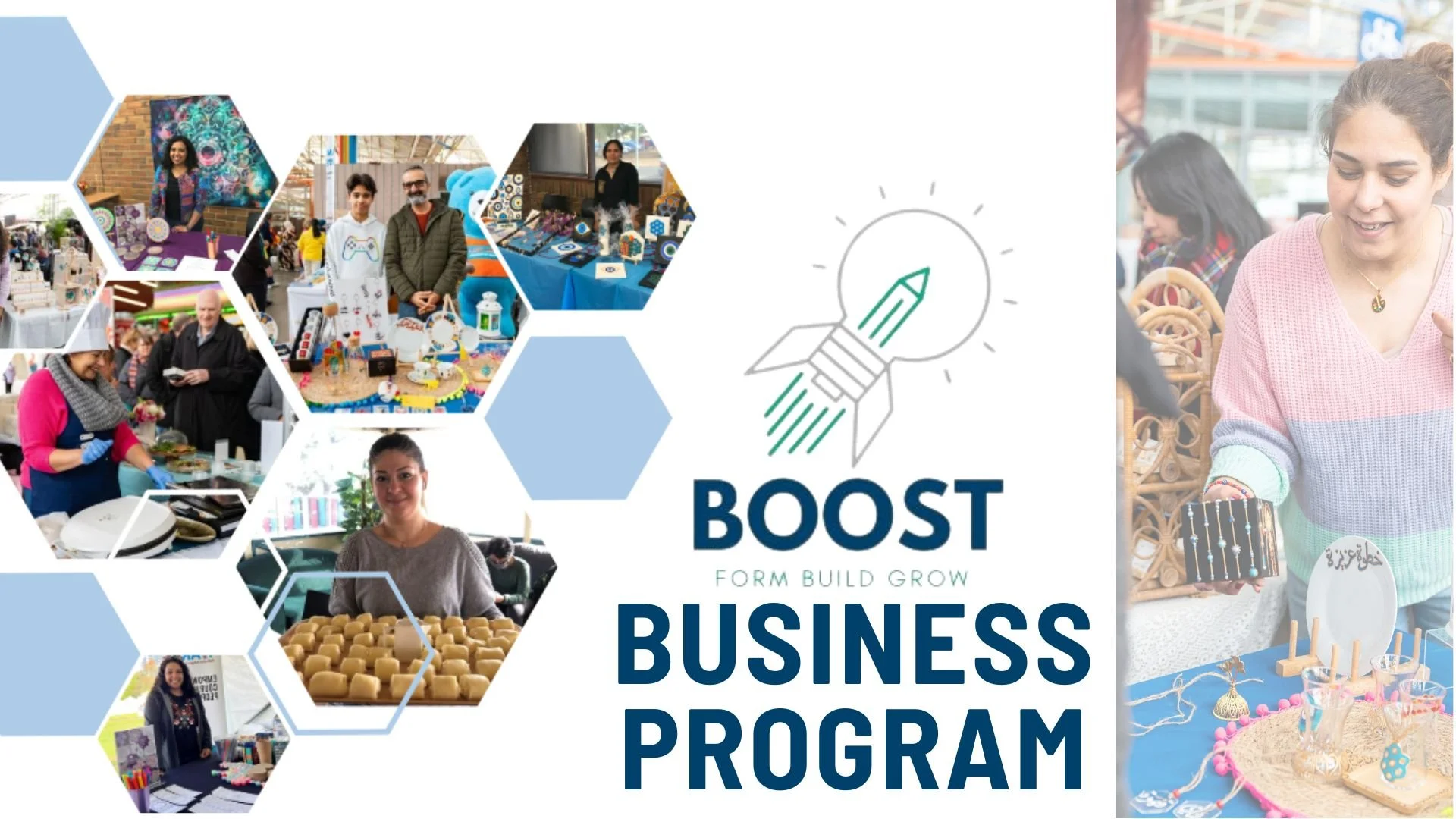 A collage with images of people at a craft fair or market, displaying handmade items like jewelry, art, and baked goods. The central graphic features a rocket and the words "BOOST, FORM, BUILD, GROW, BUSINESS, PROGRAM."