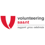 Volunteering SA&NT logo featuring a red stylized 'V' with text 'volunteering sa&nt' and a tagline 'support grow celebrate'.