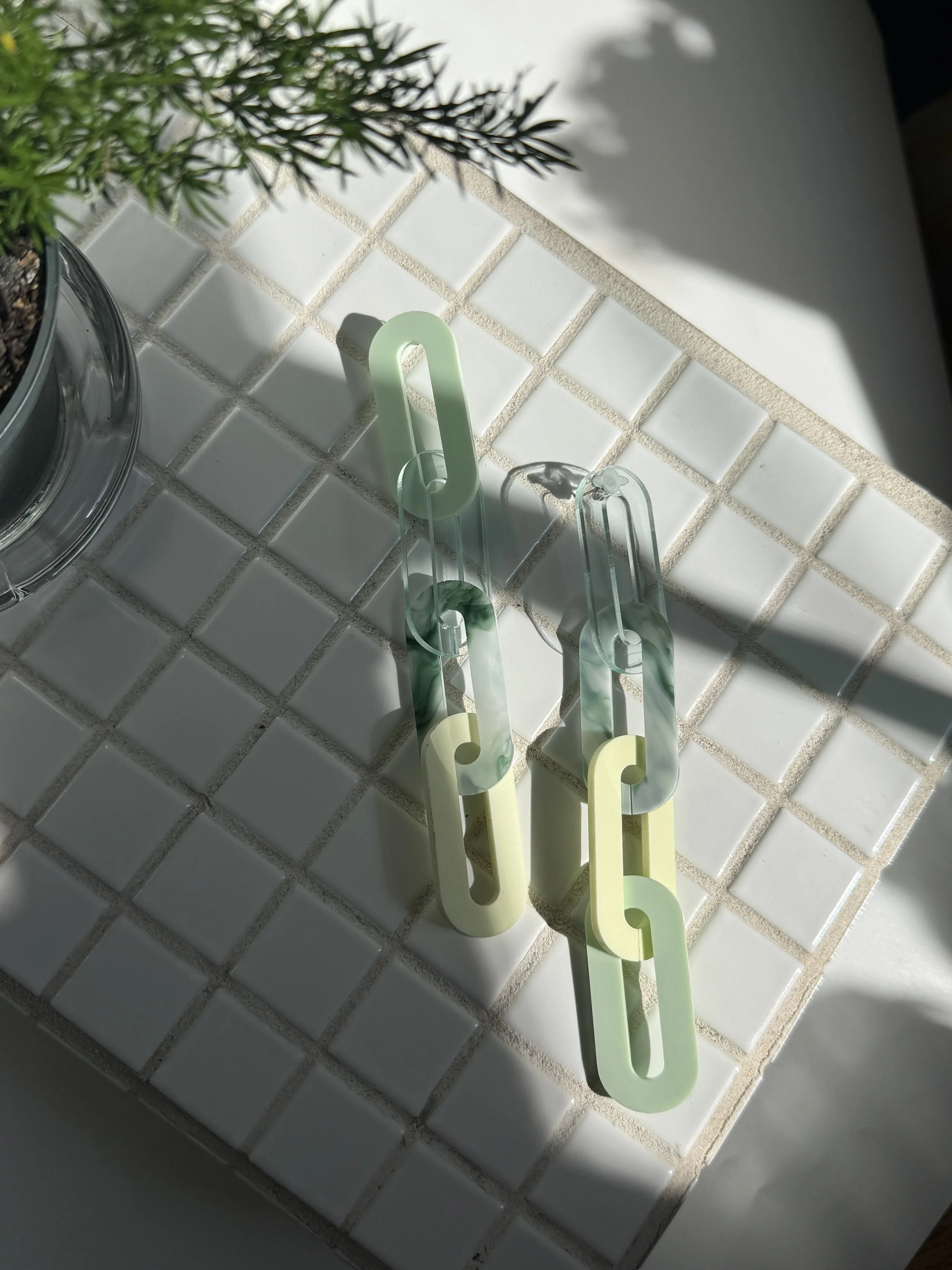 The Spano Earring in Jade, Butter Yellow, Green Glass, & Green Marble Acrylic XTRA LONG