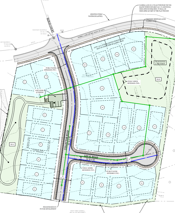 A detailed site plan for a residential development showing lot layouts, roads, water and sewer lines, public utilities, and parking areas with annotations and measurements.