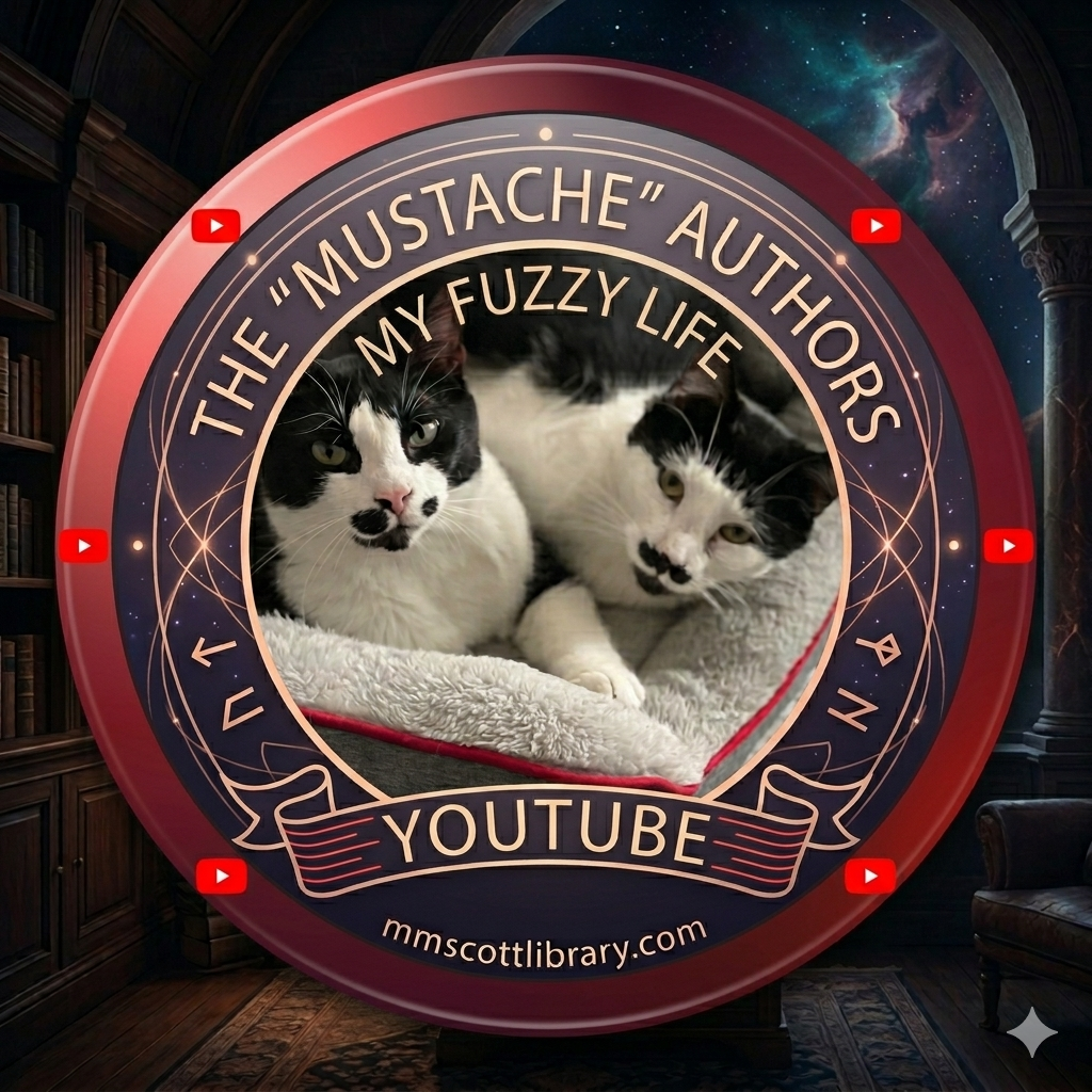 A circular graphic promoting "Mustache" authors and a YouTube channel features two black and white cats inside a cozy bed, with a library and a starry sky in the background.