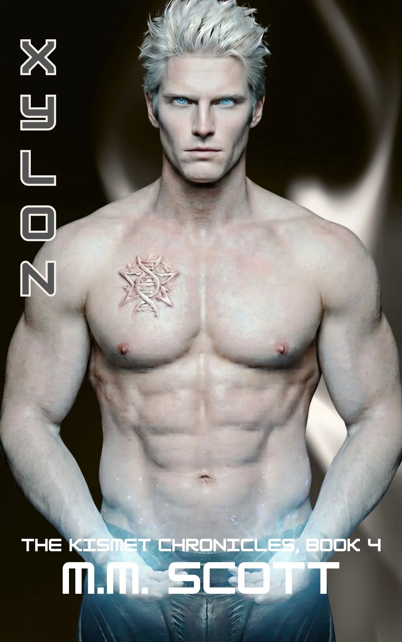 A shirtless muscular man with short, spiky, platinum blonde hair and bright blue eyes, standing against a dark background. The left side of the image features vertical text that reads 'XYLON,' and at the bottom, there is additional text stating 'The Kismet Chronicles, Book 4' and the author's name, 'M. M. Scott.'