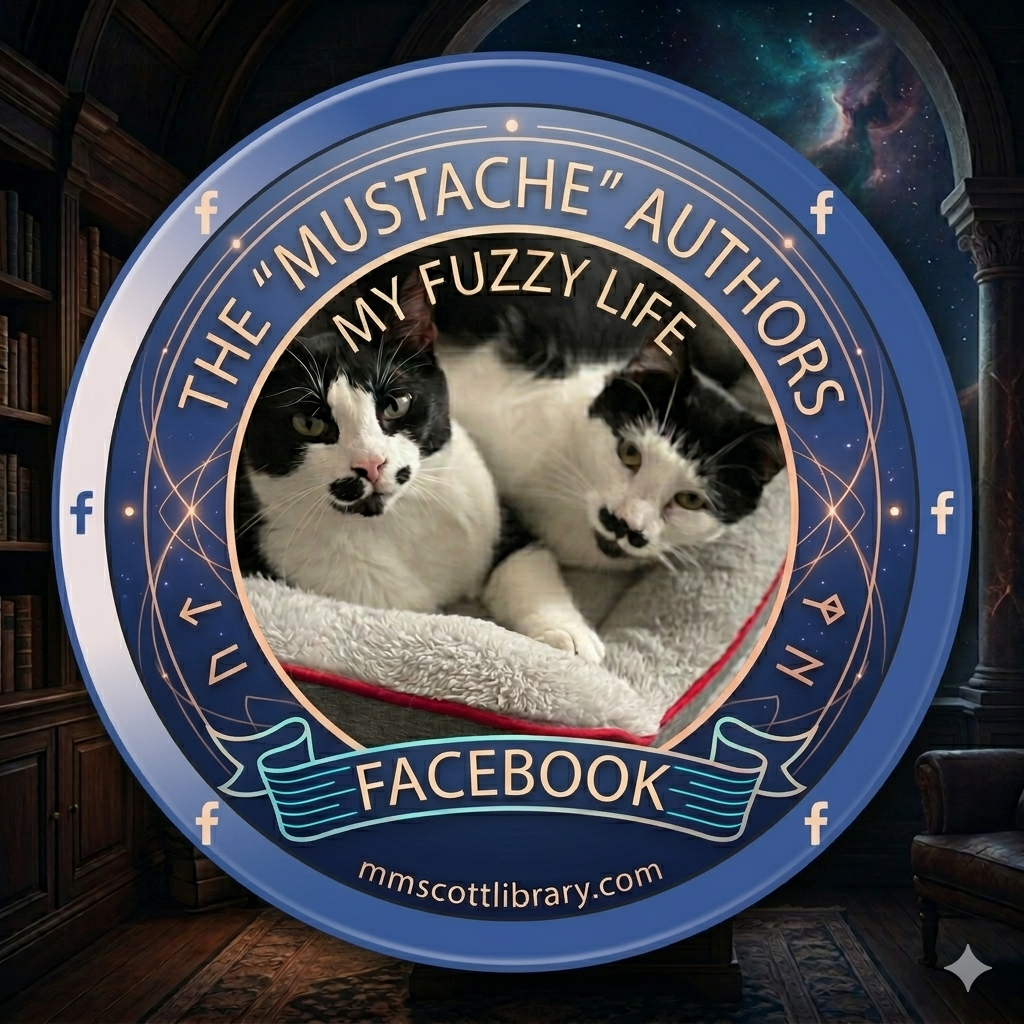 A circular sign with a photo of two black and white cats inside, along with text about the cats and their author, on a library-themed background.