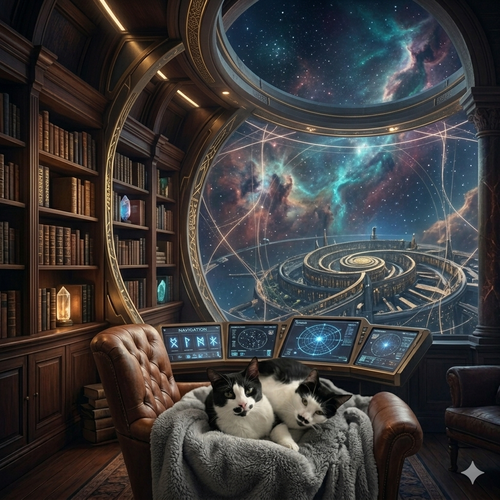 A cozy room with a large window showing a view of stars and nebulae in space. Inside, there are bookshelves, a leather chair with two black and white cats on a blanket, and futuristic control panels with navigation screens.
