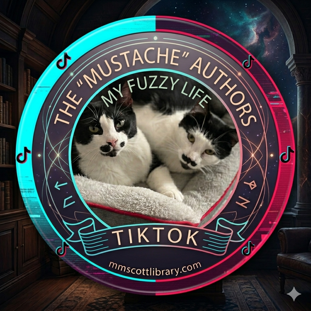 A circular digital graphic featuring two black and white cats with mustache markings, lying on a fluffy blanket, surrounded by neon and cosmic design elements, with text about TikTok and a website URL.