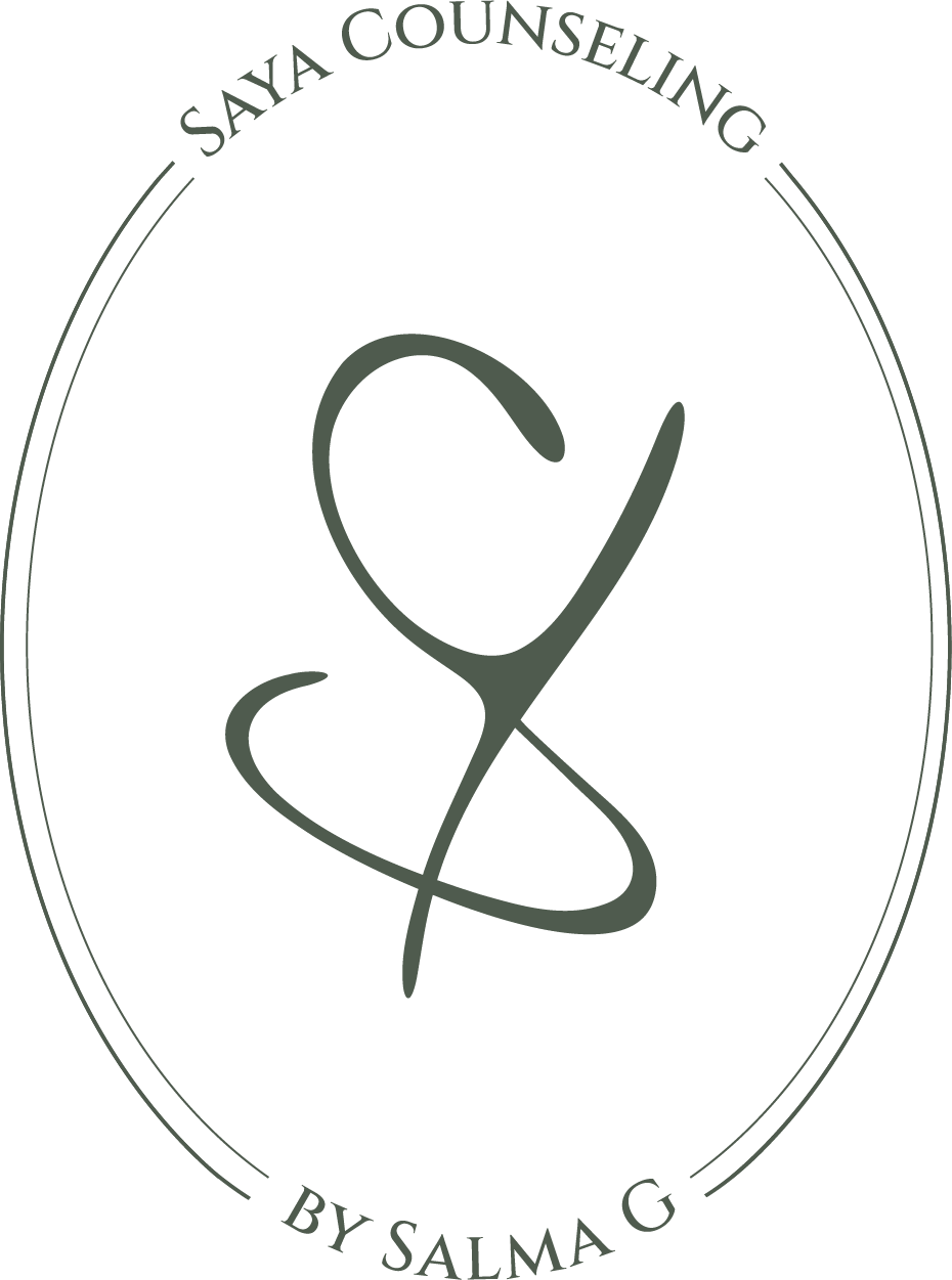 Logo with text 'SAYA Counseling by Salma G' and a stylized initials S and G inside an oval.