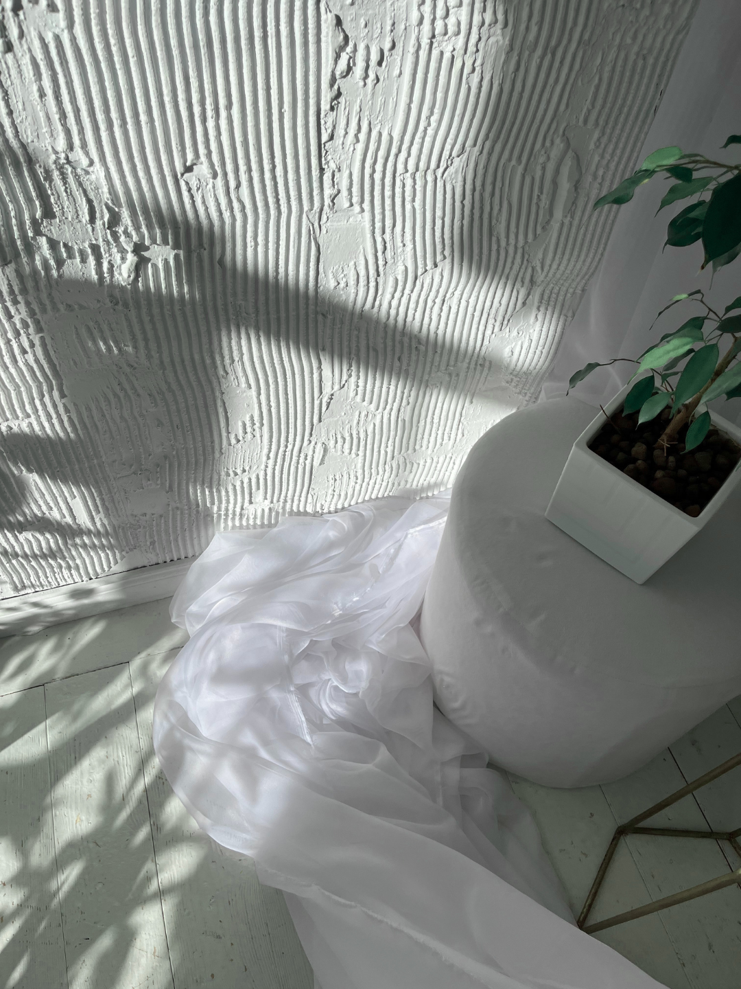 Sunlight casting shadows on a textured white wall, with a white round cushion, a white sheer fabric, and a potted plant on a white table.