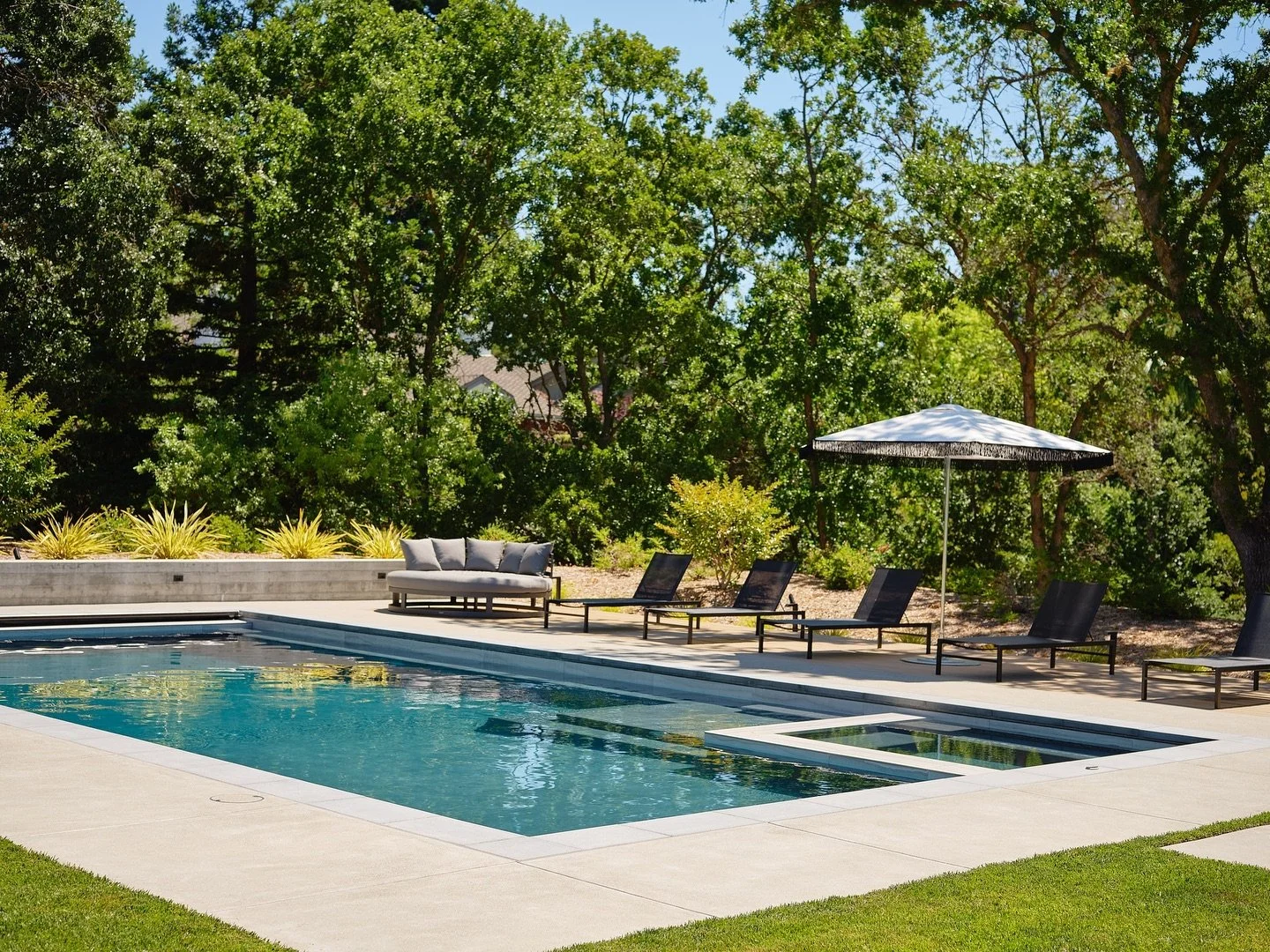 These project photos turned out so serene and pretty! For this backyard, the (very social!) homeowners wanted lots of space for pool parties, kids and their friends, their dog Cal (I&rsquo;m obsessed with his adorable underbite 😂), family gatherings