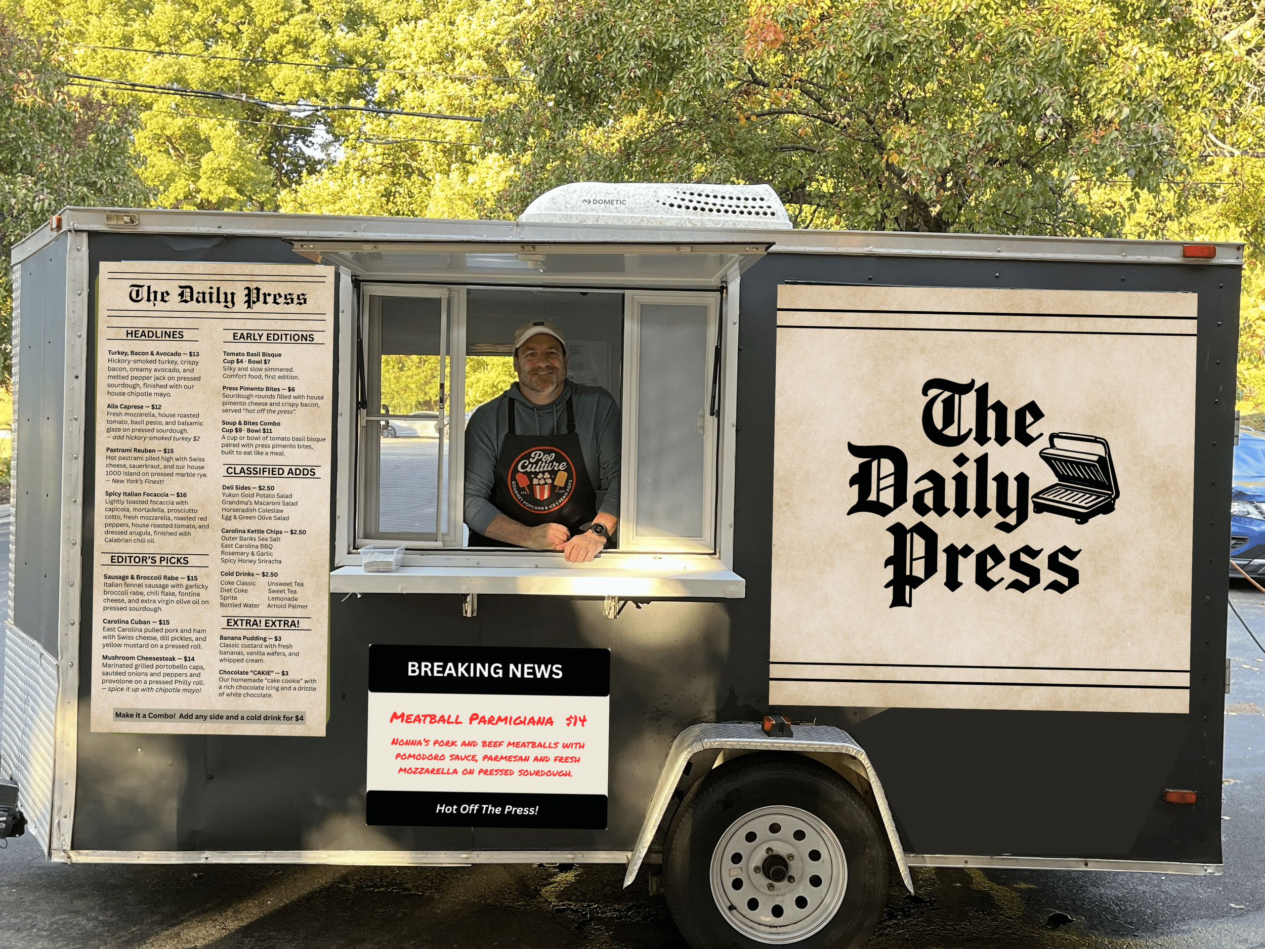 The Daily Press food trailer serving pressed sandwiches and catering