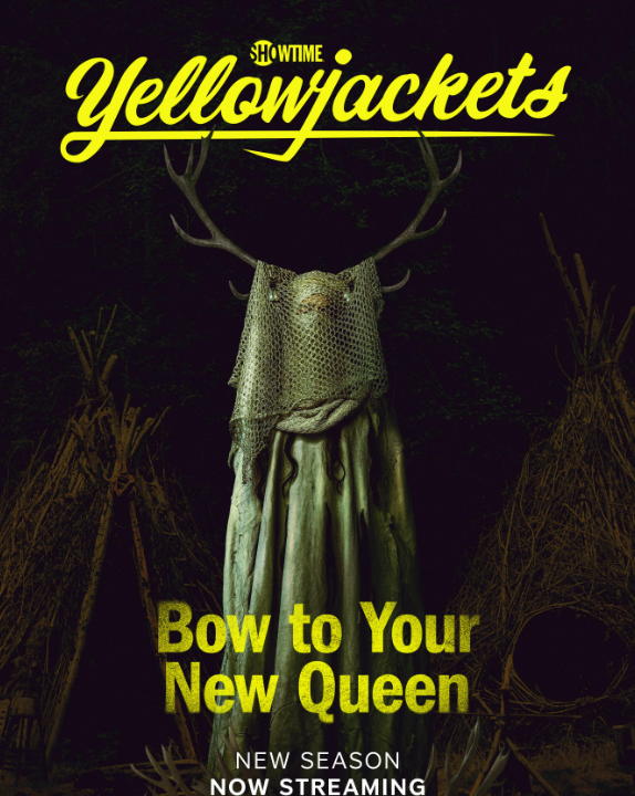 Poster for the TV show 'Yellowjackets' featuring a deer's head with antlers, covered by a textured cloth, against a dark background with haystacks and spider webs, promoting the new season now streaming.