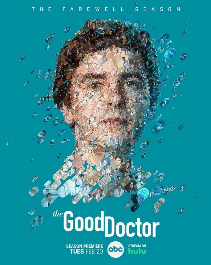 Collage of images forming a portrait of a woman, promotional poster for 'The Good Doctor' with the text 'The Farewell Season', premiere date February 20, streaming on Hulu.