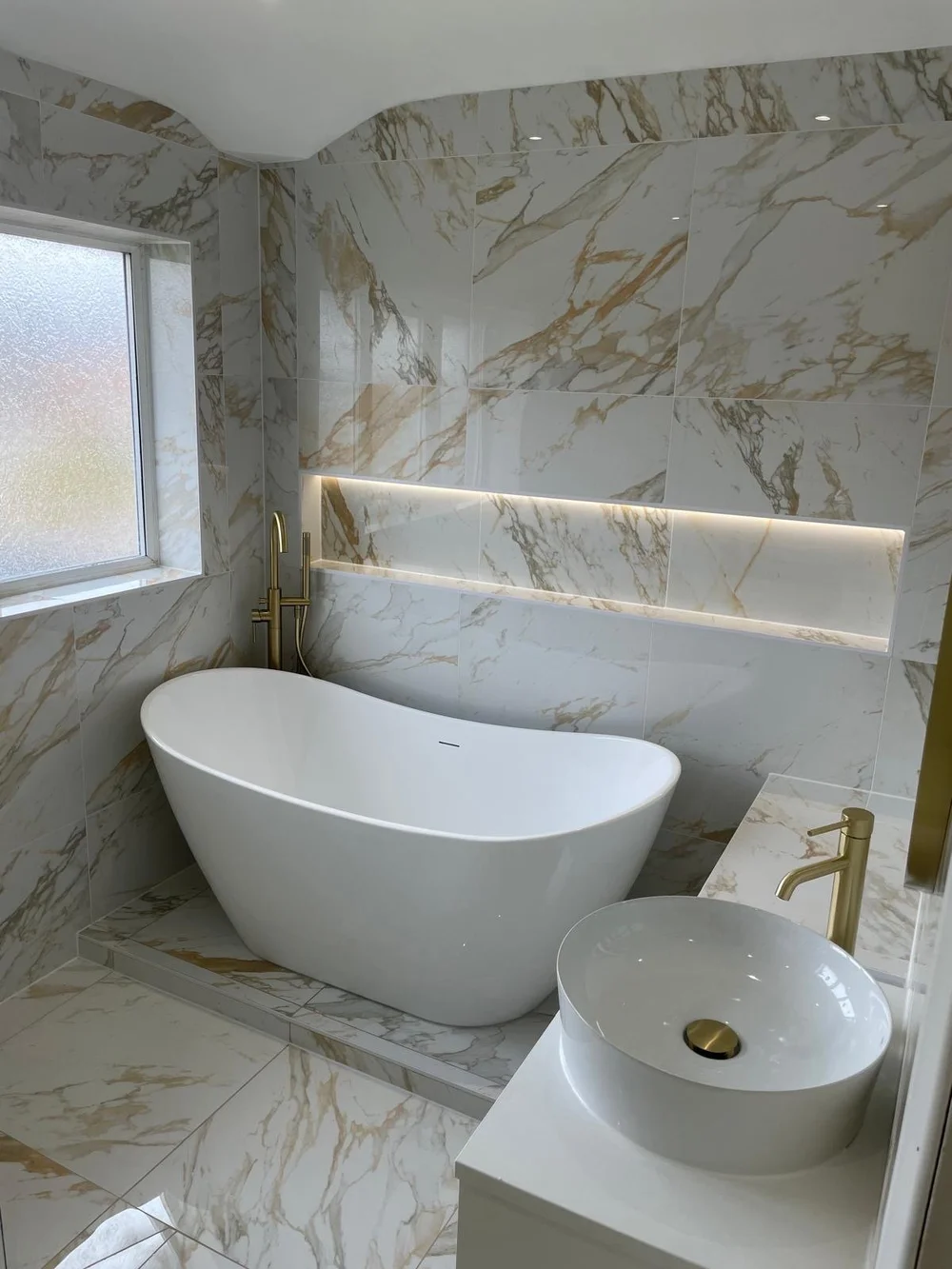 Luxury marble bathroom with freestanding bath - M.R. Pro Bathrooms Nottingham