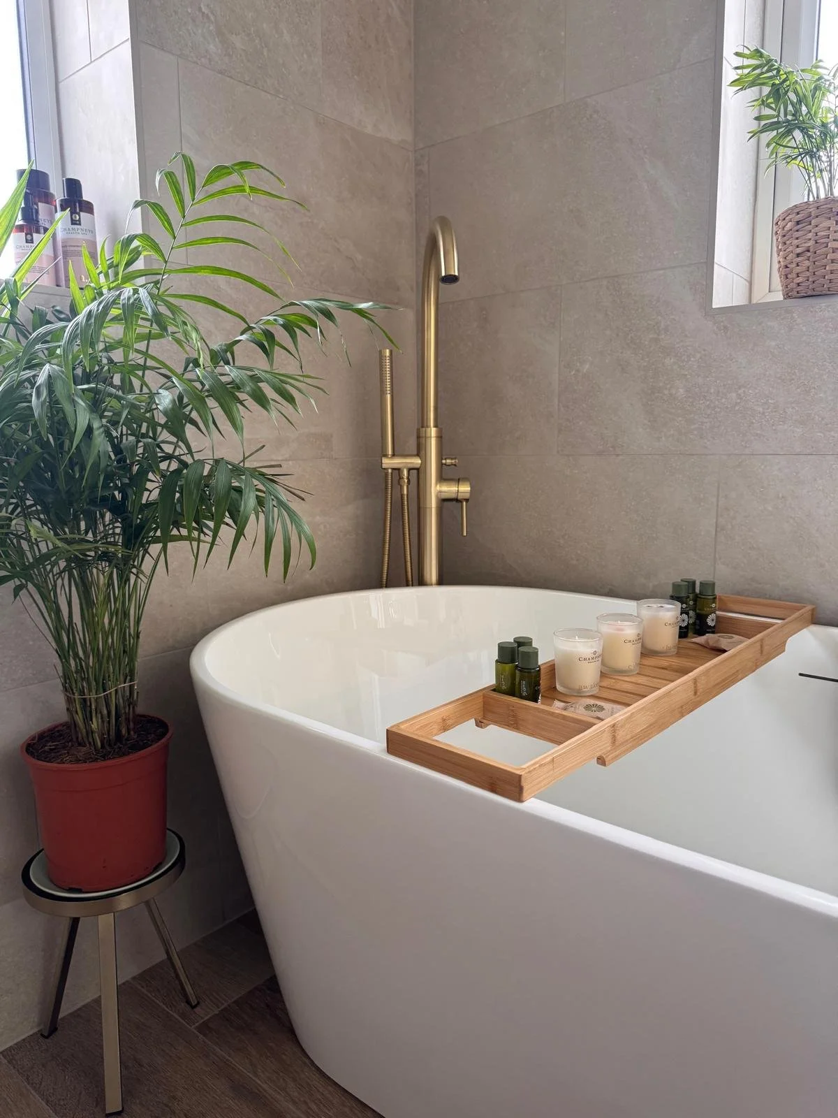 White freestanding bath with gold faucet - luxury bathroom installation Nottingham - M.R. Pro Bathrooms