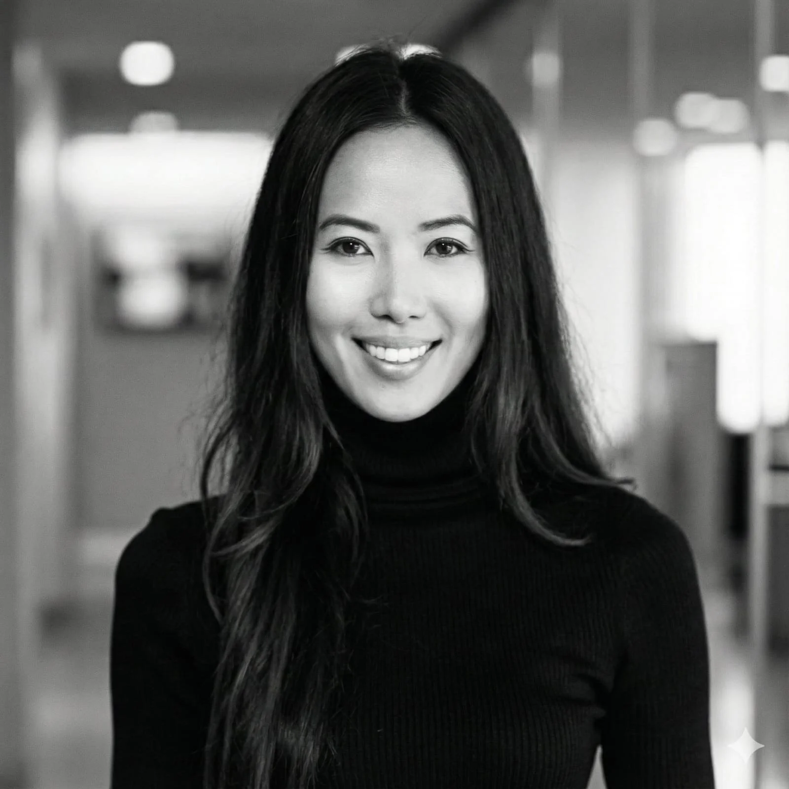 A woman with long dark hair, wearing a black turtleneck, smiling in a blurred indoor background.