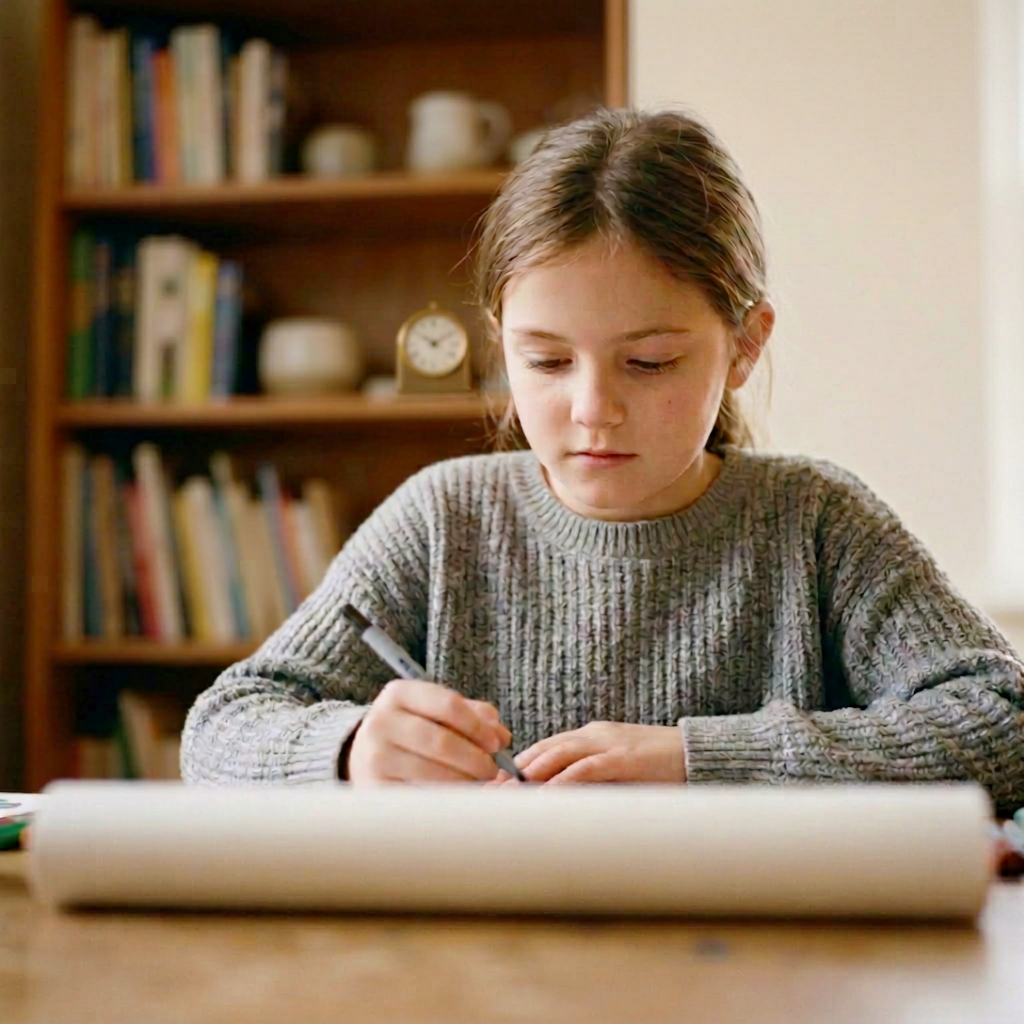 A young girl with brown hair sits at a wooden table writing or drawing on a large sheet of paper with a pen. She is wearing a gray knitted sweater. In the background, there is a wooden bookshelf filled with books, some decorative items, and a small clock.