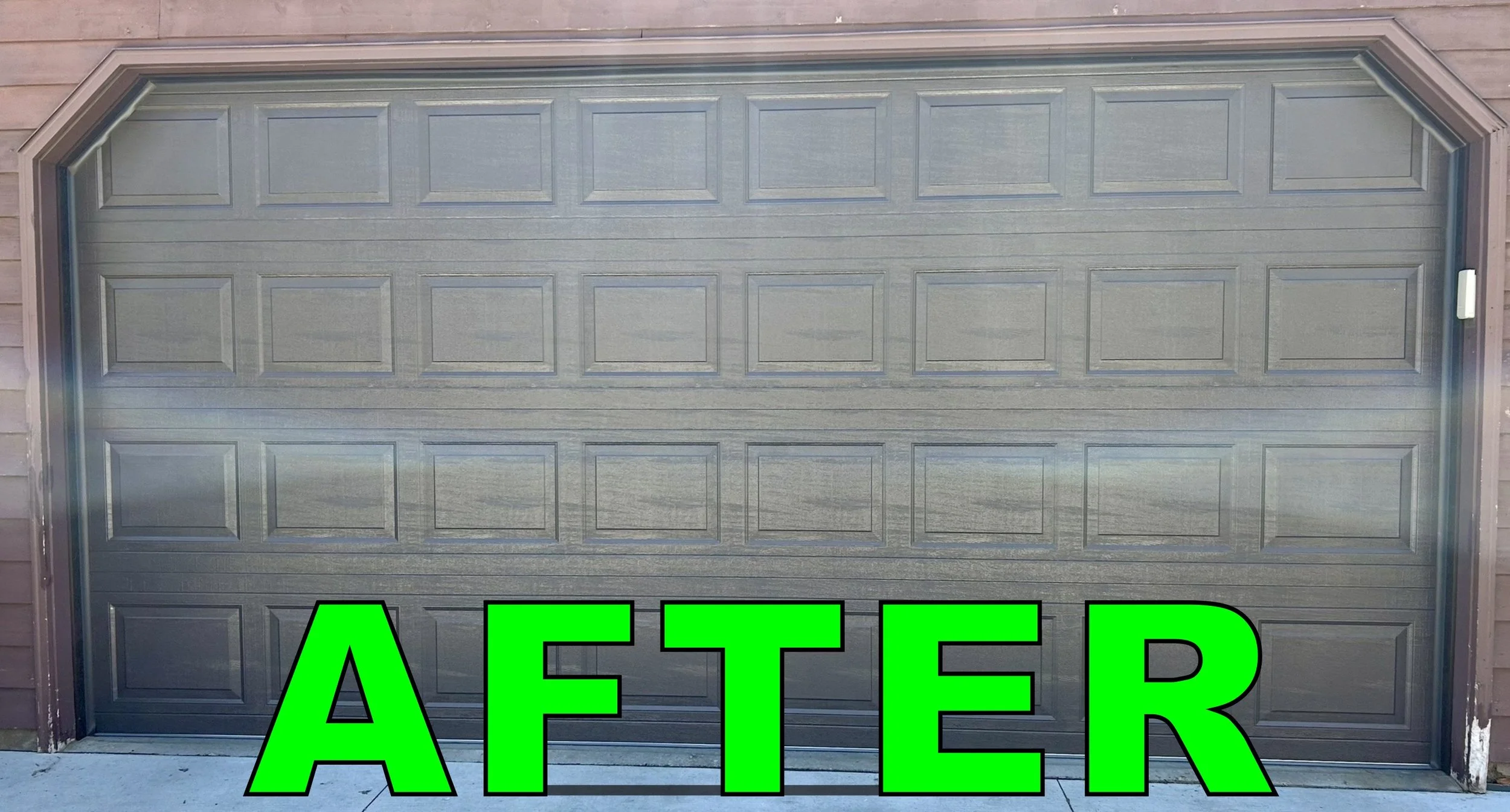 A closed gray garage door with panel design, sidewalls, and a small white rectangular lock on the right side. There is a bright green text overlay that reads 'AFTER' at the bottom.