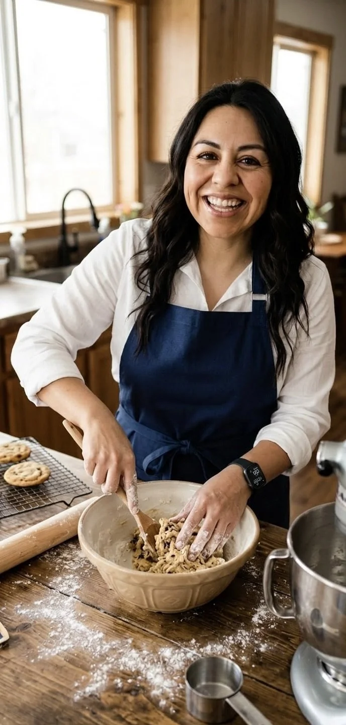 Woman smiling and mixing cookie dough in a bowl in a kitchen.