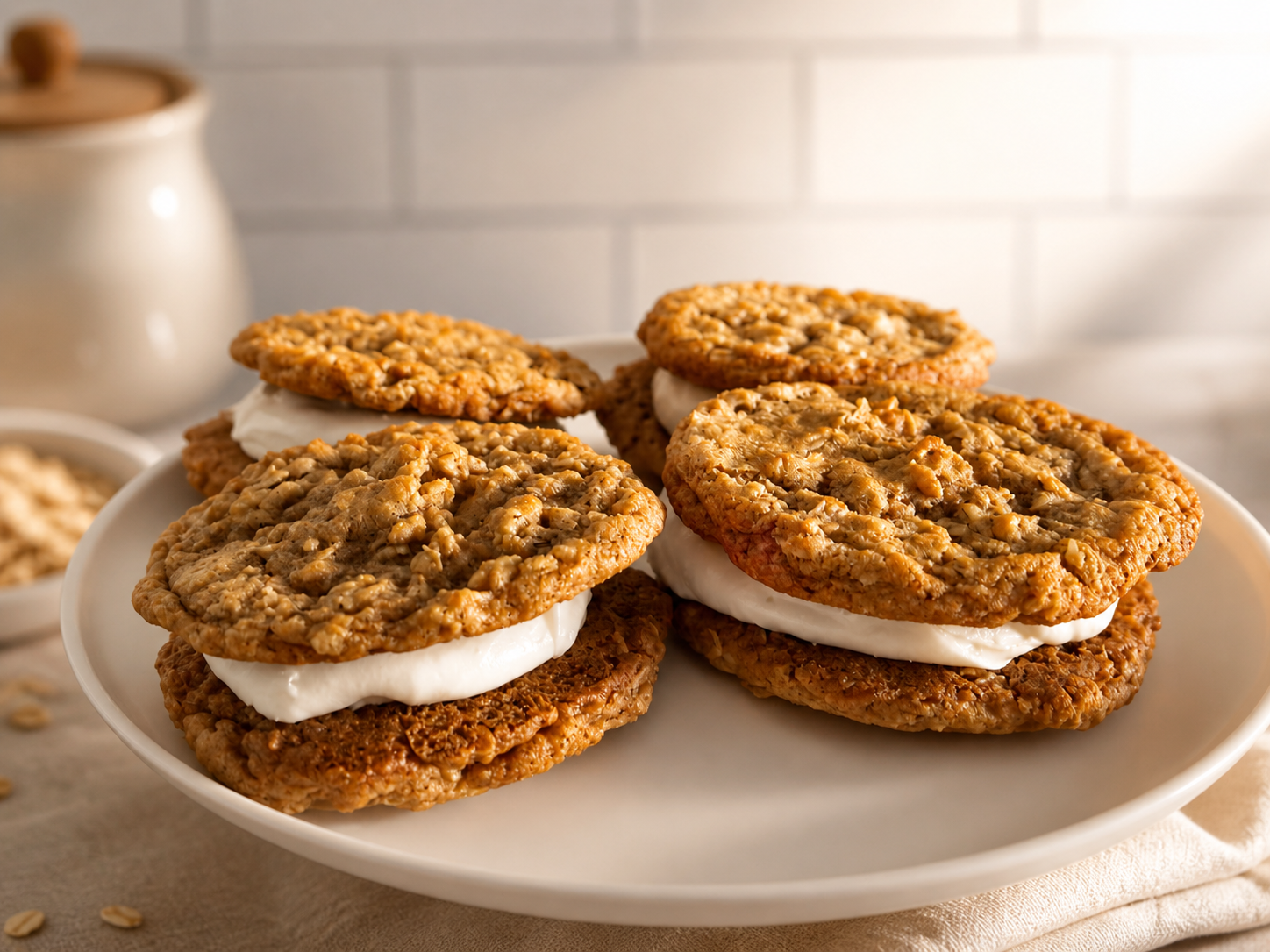 Plate of oatmeal cookies with cream filling.