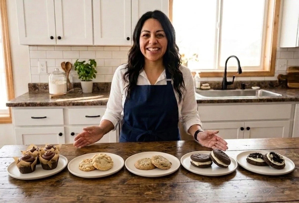 Woman smiling behind a kitchen counter with five plates of baked goods, including cupcakes, cookies, and sandwich cookies, in a bright kitchen with white cabinets and a window.
