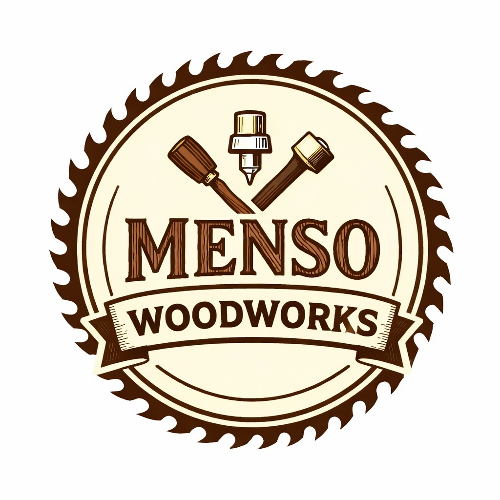 Logo for MENSO Woodworks featuring a saw blade border, with a hammer, screwdriver, and glue bottle crossing above the text 'MENSO' and a banner reading 'WOODWORKS'.