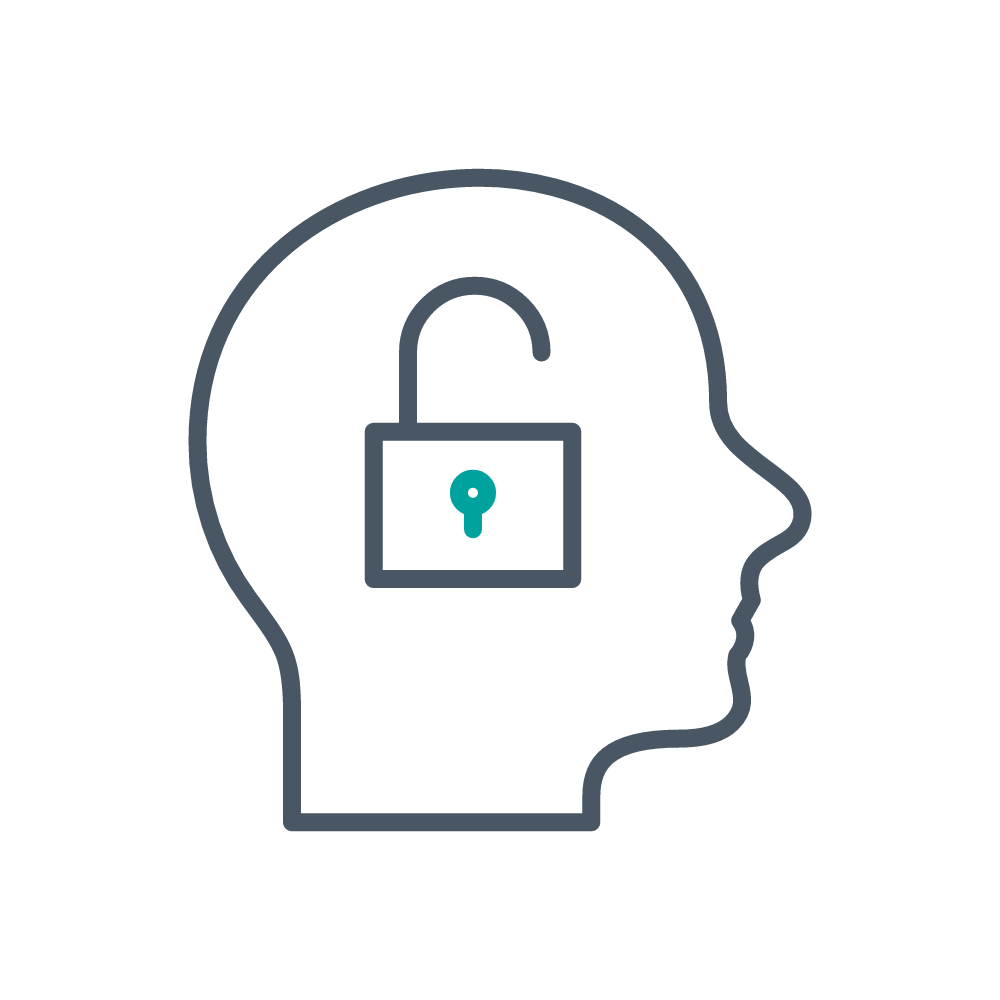 Outline of a human head with a padlock inside, representing security or privacy.
