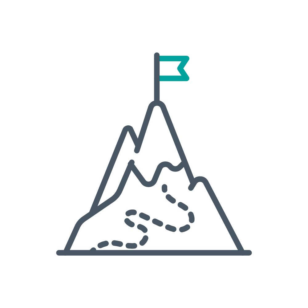 Line graph with an upward trend leading to a flag at the peak of a mountain.