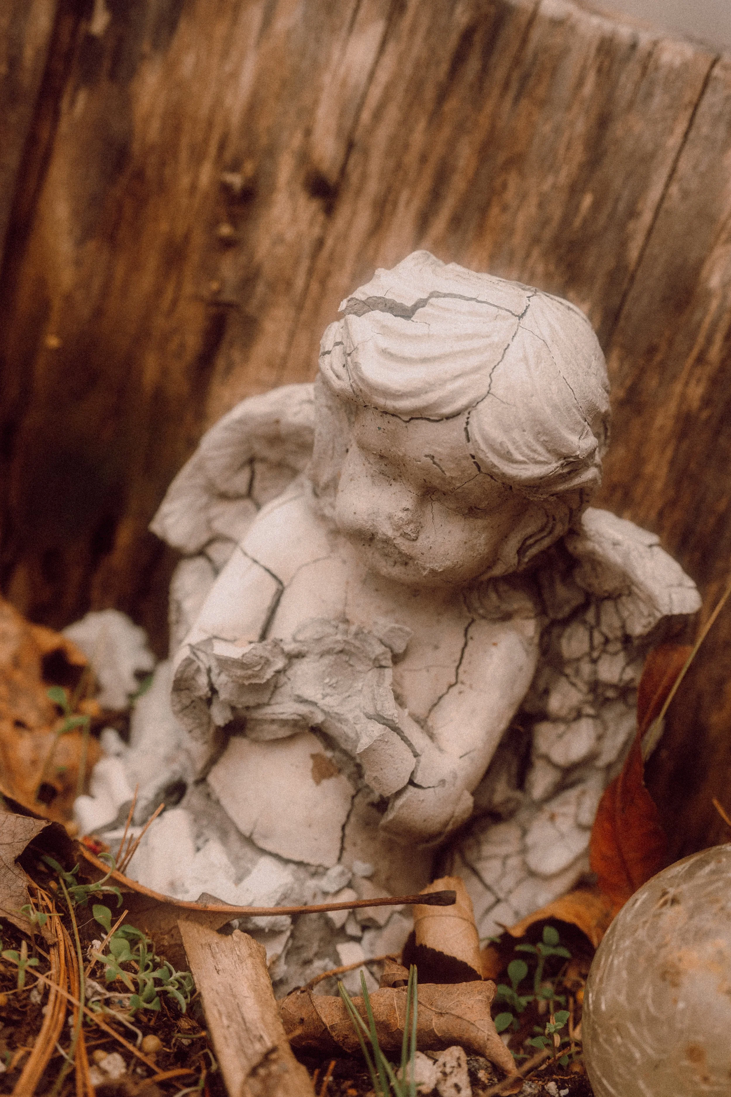 Cracked angel statue amidst autumn leaves and wood background.