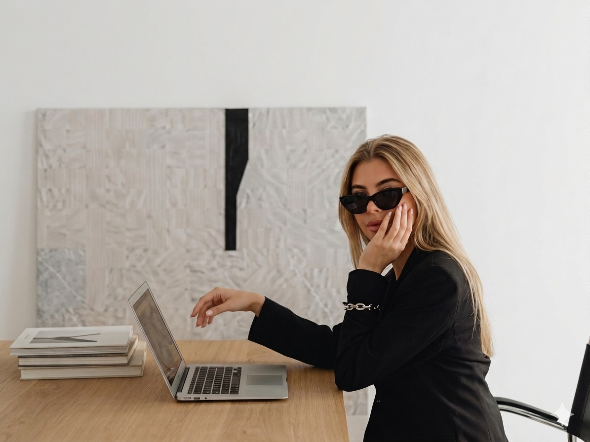 A woman wearing black sunglasses and a black blazer sitting at a wooden desk with a laptop and a stack of books in a modern, minimalistic room.