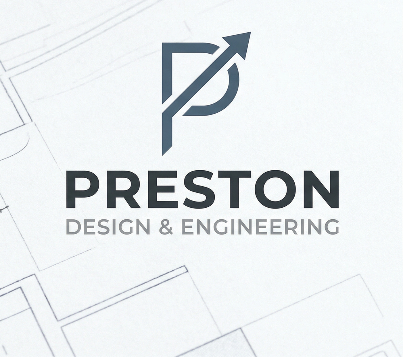 Preston Design & Engineering logo with stylized 'P' and upward arrow, on a blueprint background.
