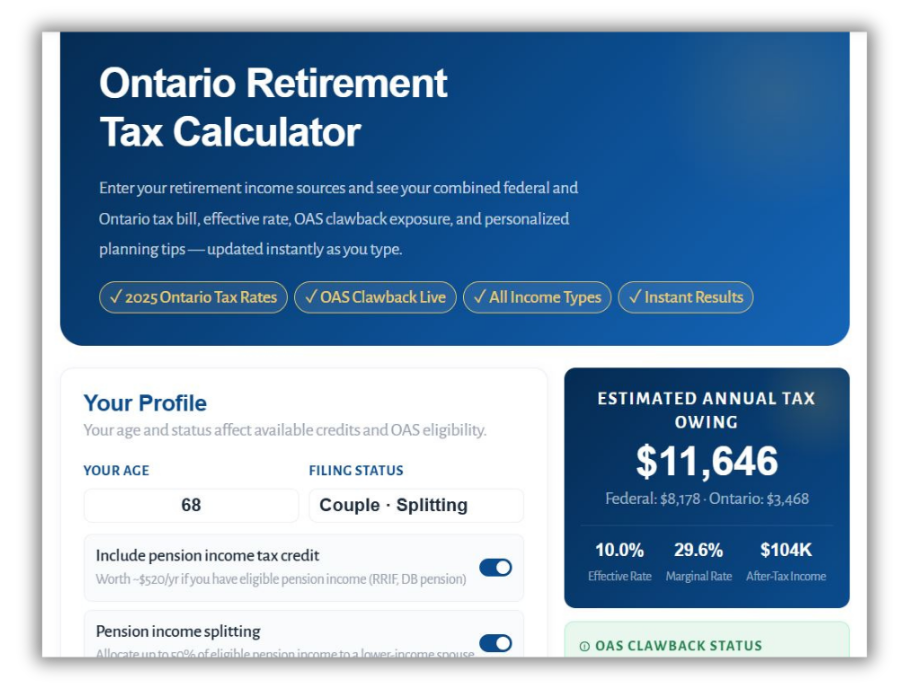 Ontario Retirement Tax Calculator webpage showing estimated annual tax owing of $11,646, with federal and Ontario breakdowns, and user profile details including age 68 and couple splitting income.