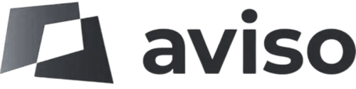 Aviso logo with stylized black and gray geometric shape and the word 'aviso' in lowercase black letters.