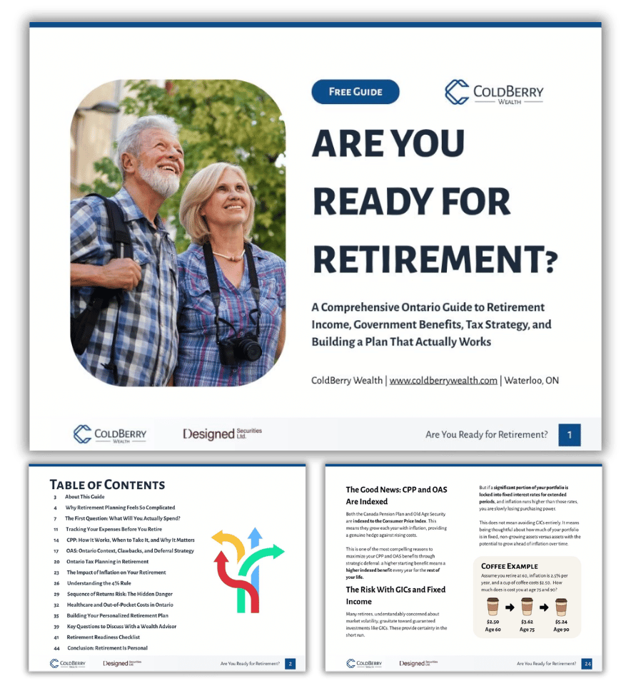 Open booklet or brochure titled "Are You Ready for Retirement?" from ColdBerry Wealth, featuring a senior man and woman smiling outdoors, with the subtitle indicating a guide on retirement income, government benefits, tax strategy, and planning.