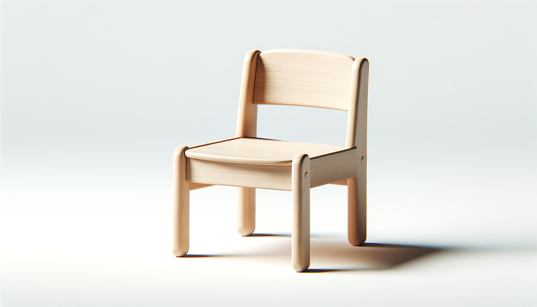 Minimalist wooden chair with a simple design and curved edges, placed on a plain white background.