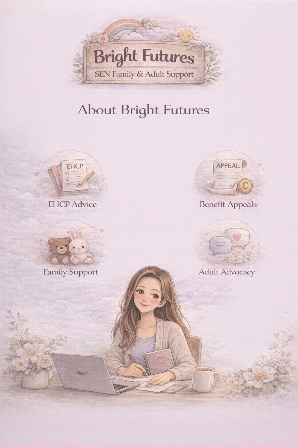 A pastel-colored infographic titled 'Bright Futures' about SEN family and adult support. Features icons for EHCP advice, benefit appeals, family support, and adult advocacy. Includes an illustration of a smiling woman with long hair sitting at a desk with a laptop, notebook, and mug, surrounded by flowers.