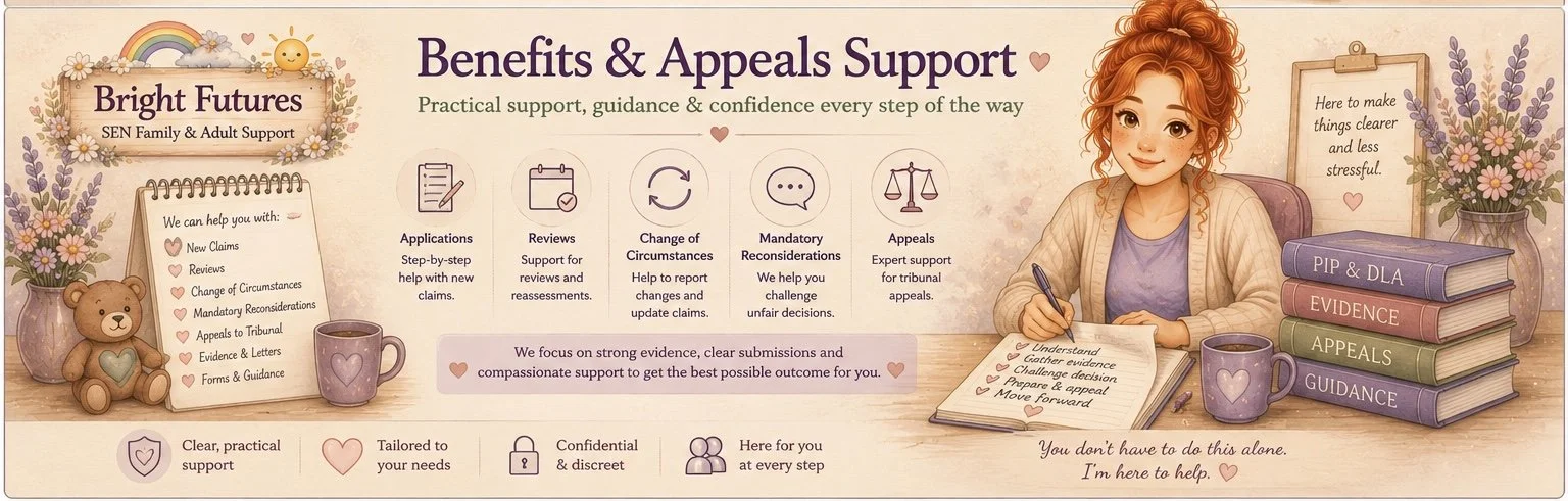 Banner promoting support with DLA, PIP, Attendance Allowance, Carer’s Allowance, Mandatory Reconsiderations, appeals, tribunals, evidence gathering and benefit applications through Bright Futures.