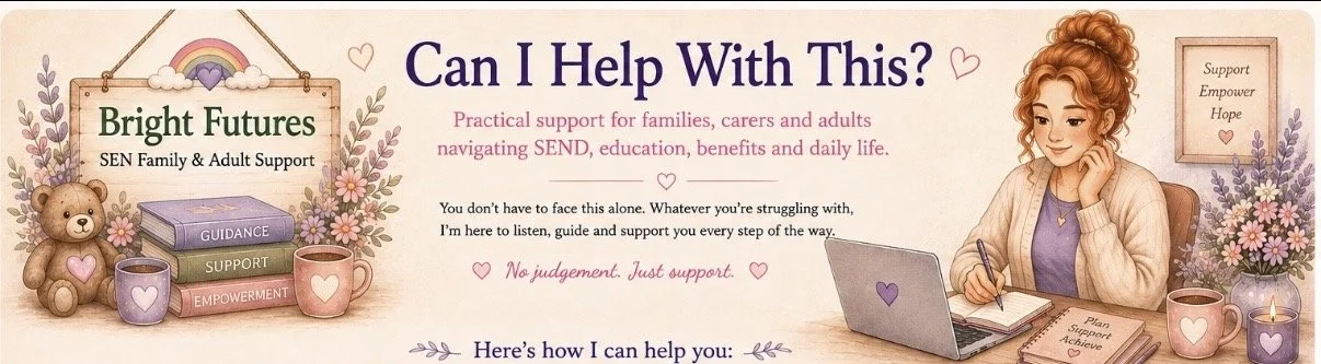 Banner showing the wide range of issues Bright Futures SEN Family & Adult Support can help with, including EHCPs, SEND, school concerns, DLA, PIP, appeals, tribunals, transport, adult care, advocacy and family support.