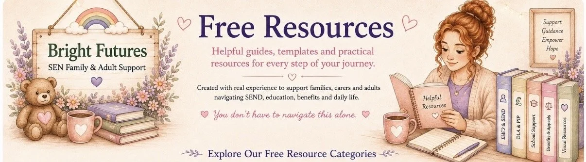 Banner promoting free SEND resources from Bright Futures, including EHCP guides, DLA and PIP checklists, templates, practical advice and downloadable tools to support children, families, carers and adults.