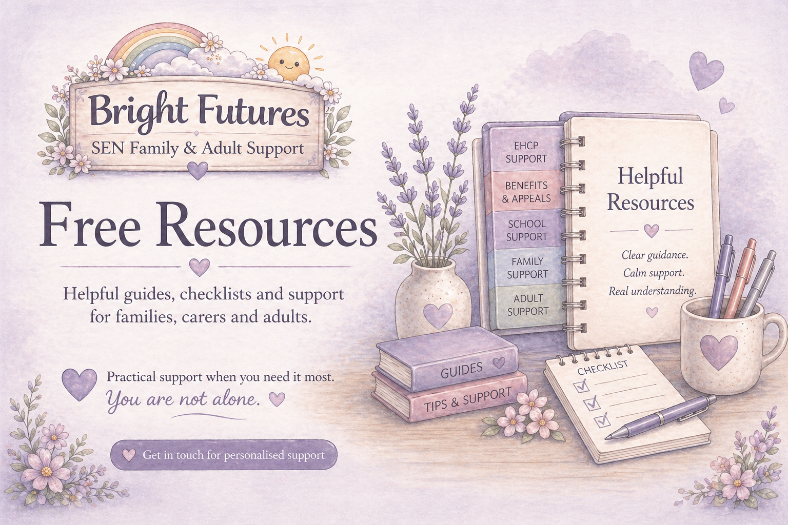 An illustrated flyer for Bright Futures SEL Family & Adult Support offers free resources such as guides, checklists, and support for families, caregivers, and adults. Features include a rainbow, sun, clouds, lavender, a book with labeled tabs, a vase with lavender, a checklist, a mug with pens, and decorative hearts and flowers.