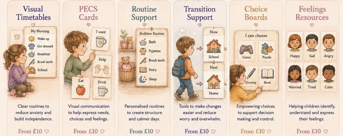 Banner promoting Bright Futures’ printable and personalised visual resources, including visual timetables, communication cards, choice boards, first and then boards, emotion supports, routines, transition resources and bespoke SEND visual aids for ho