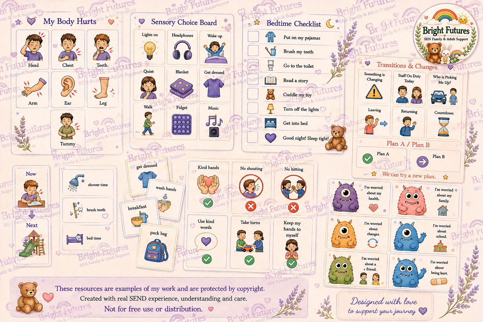 Banner promoting Bright Futures’ printable and personalised visual resources, including visual timetables, communication cards, choice boards, first and then boards, emotion supports, routines, transition resources, PECS-style resources and bespoke v