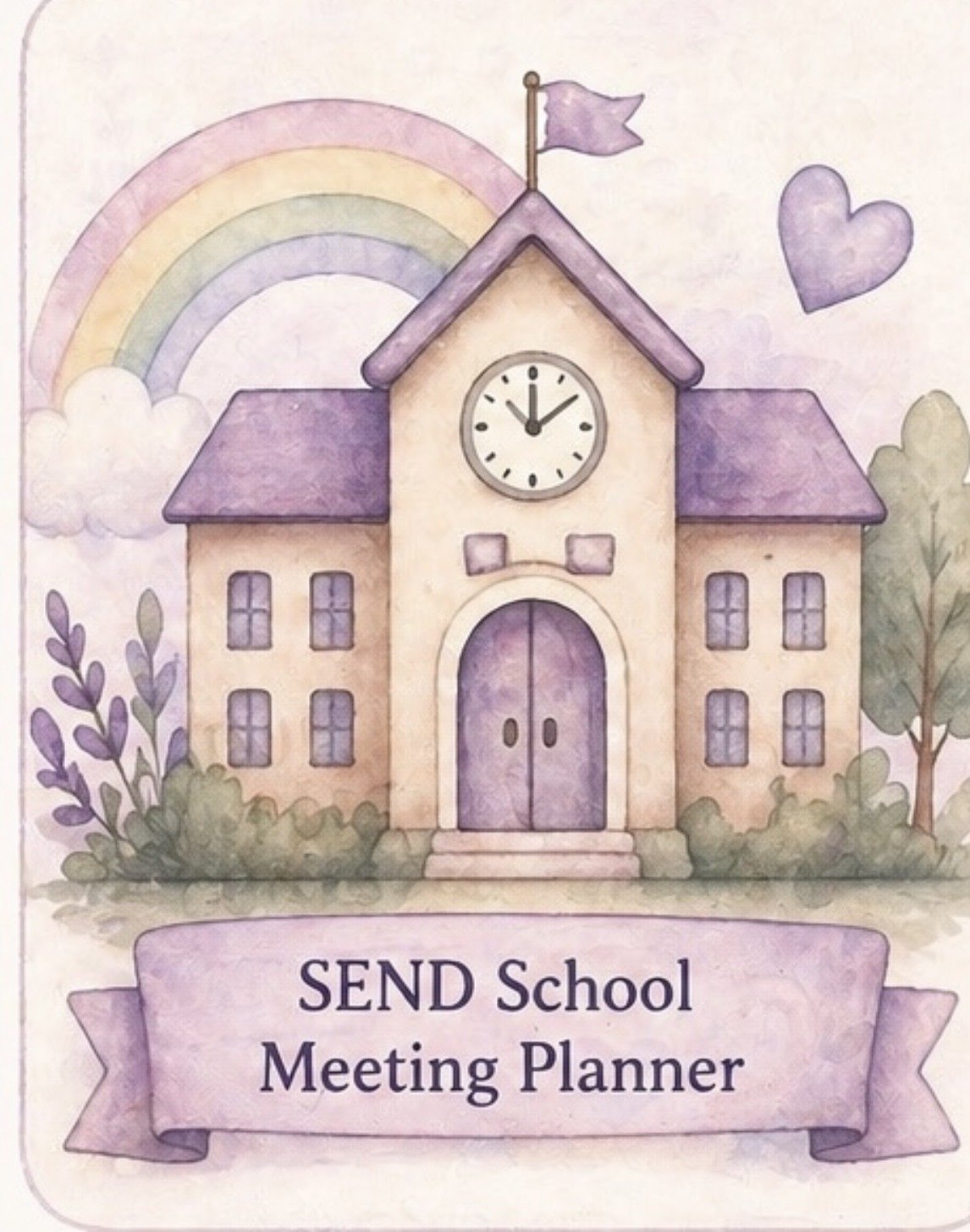 Watercolor illustration of a school with a clock, purple roof, and purple flag, surrounded by a rainbow, heart, flowers, and greenery, with a banner reading 'SEND School Meeting Planner'.