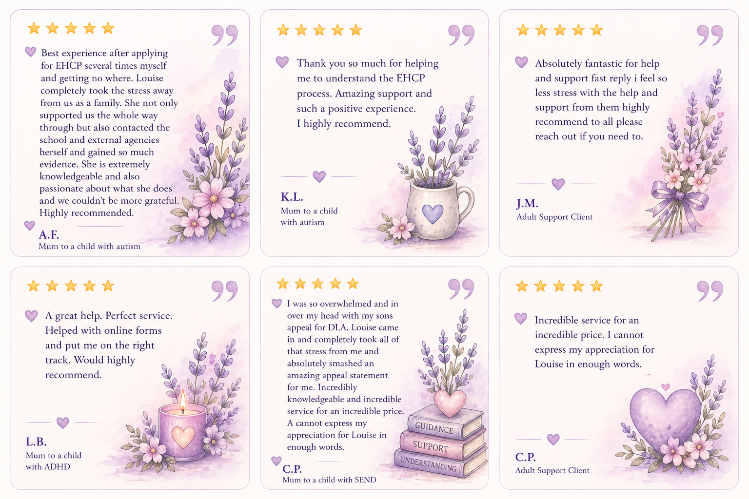 Collection of six lavender-themed thank you notes, each with a handwritten testimonial and floral illustrations, including flowers in a mug, a lit candle with flowers, and a heart-shaped balloon with flowers.