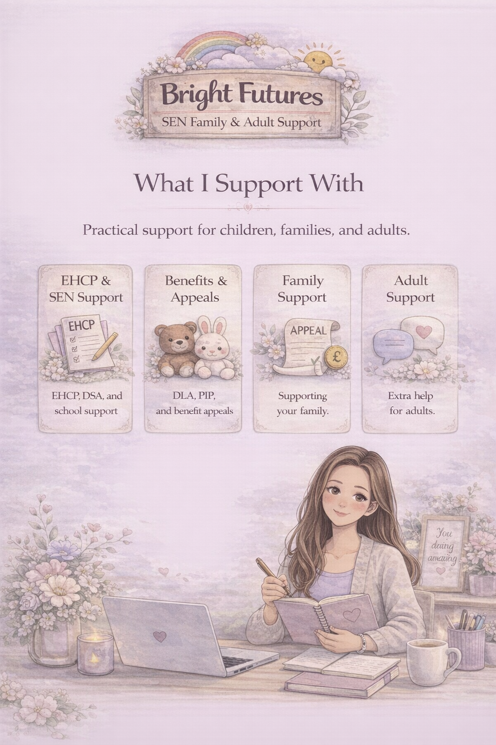 Information sheet with pastel-colored illustrations and text about support services for children, families, and adults, including sections on EHCP & SEN support, benefits and appeals, family support, and adult support. The sheet features a drawing of a woman at a desk with a laptop, books, and framed quote, surrounded by flowers and decorative elements.