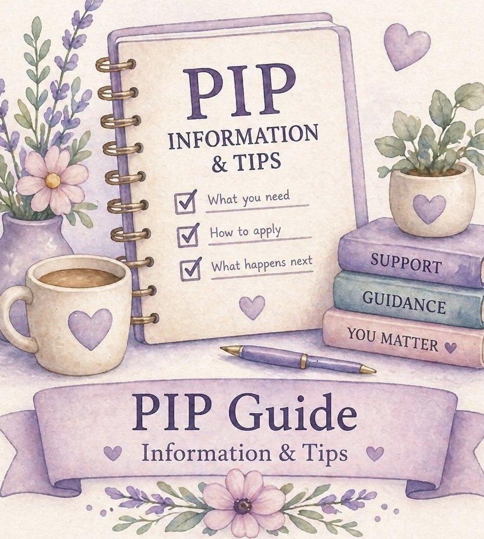 A pastel-colored guidebook titled 'PIP Guide: Information & Tips' featuring a list with checkmarks, a purple pen, a coffee mug with a heart, stacked books labeled 'Support,' 'Guidance,' and 'You Matter,' and decorative flowers and hearts.