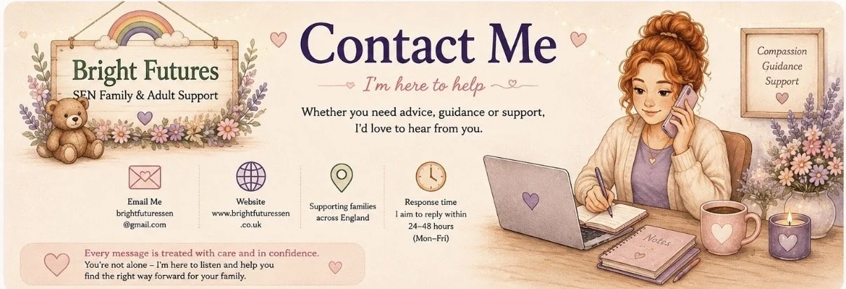 Contact Bright Futures SEN Family & Adult Support for expert help with EHCPs, SEND, DLA, PIP, appeals, education, adult social care and family support. Get in touch by contact form, email or Facebook for personalised advice.