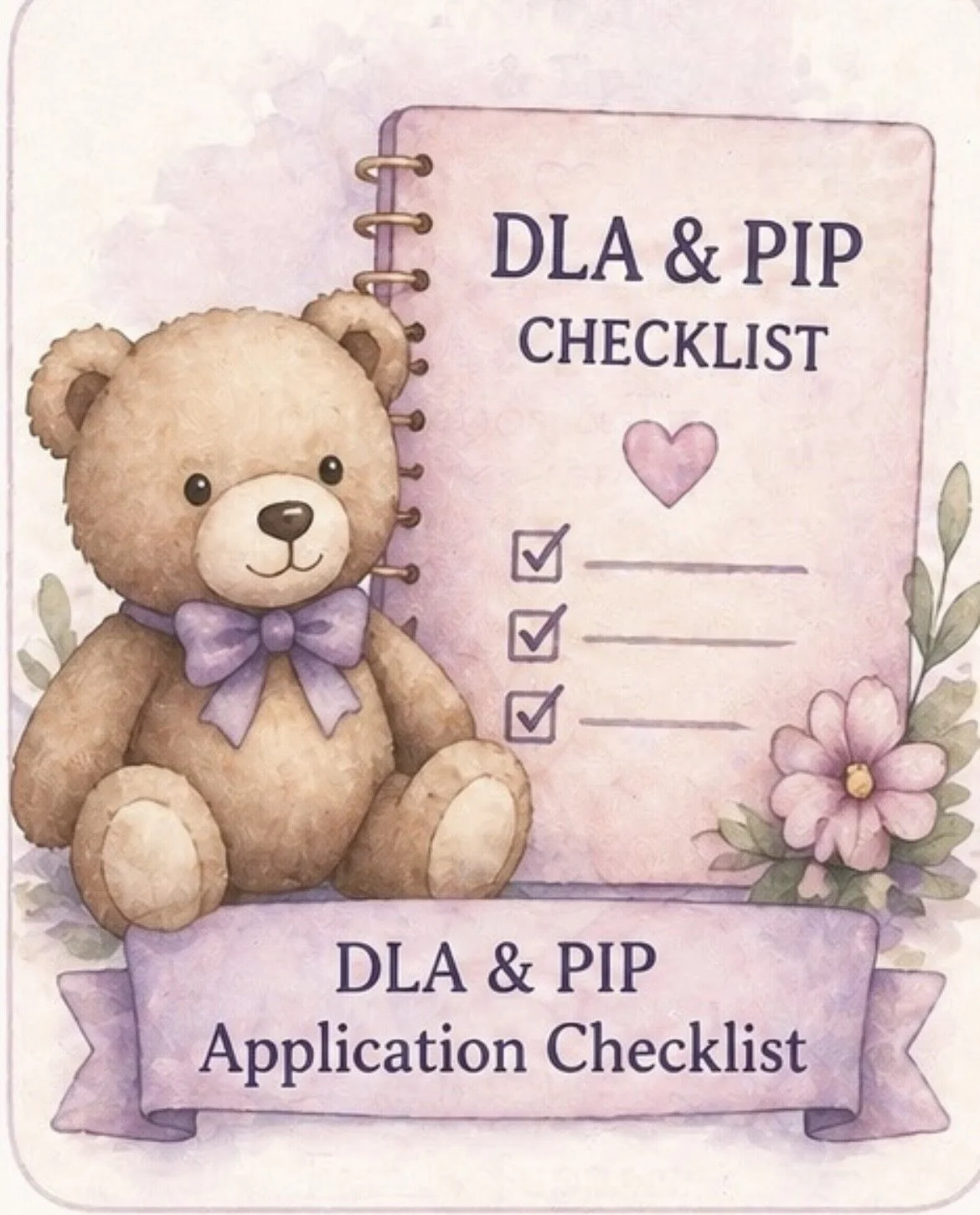 A cute illustrated teddy bear with a purple bow sitting next to a checklist titled "DLA & PIP Checklist." The checklist has three items, all marked with checkmarks, and a pink heart above. The background has soft pastel colors and a flower on the bottom right.