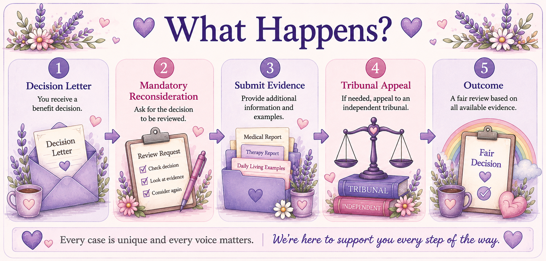 Banner explaining what happens after you contact Bright Futures, including initial discussions, personalised support, advocacy, applications, meetings, regular updates and ongoing guidance throughout your journey.