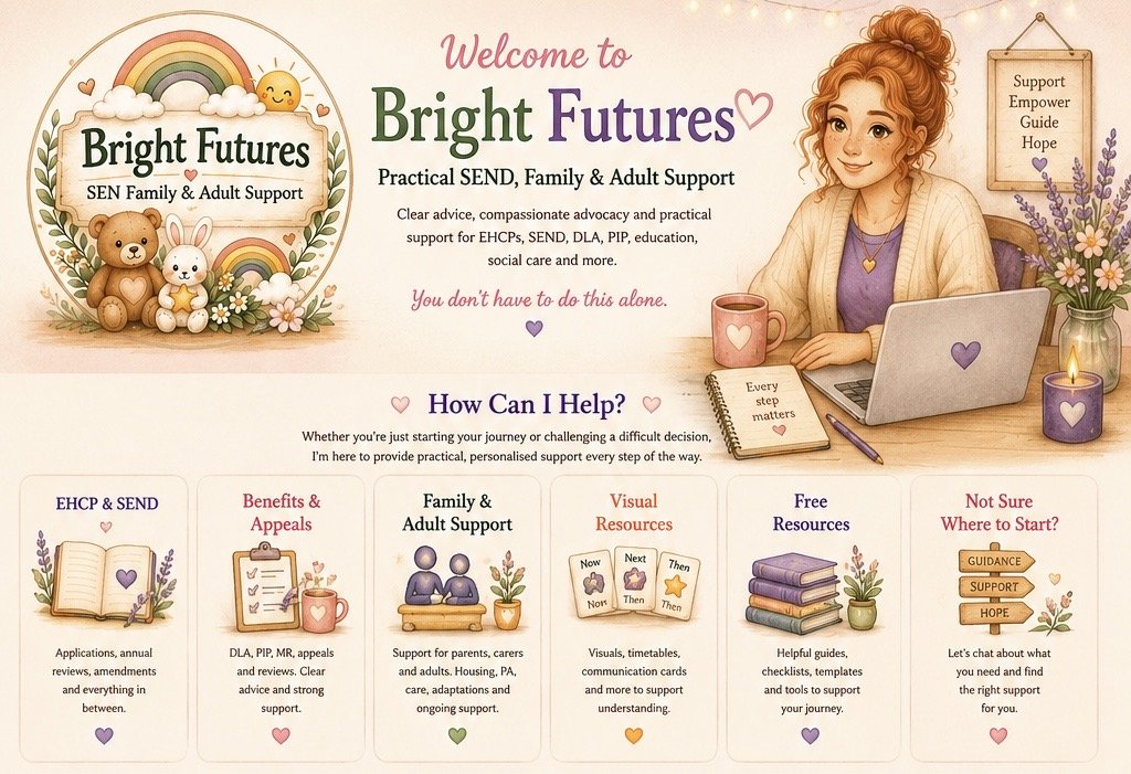 Bright Futures SEN Family & Adult Support homepage offering EHCP, SEND, DLA, PIP, advocacy, family support and personalised guidance across the UK.